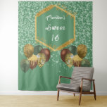 Sweet 16 Green Glitter & Glitter Party Balloons Tapestry<br><div class="desc">An elegant gold glitter polygon for your text on a green backdrop with shiny light green falling glitter and decorative gold glitter party balloons.</div>