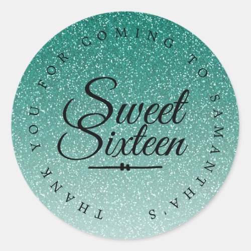 Sweet 16 Green Glitter Ombre Thank You Custom Name Classic Round Sticker