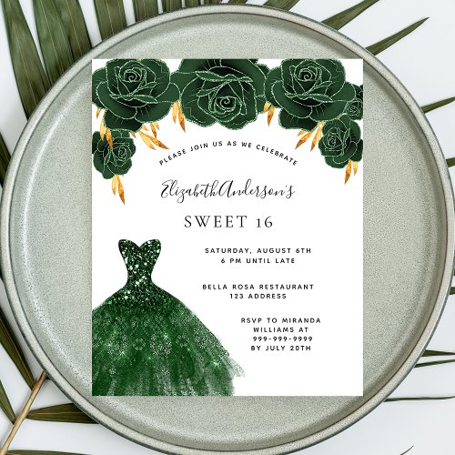 Sweet 16 green gold dress floral budget invitation