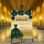 Sweet 16 green gold dress flowers welcome foam board<br><div class="desc">A welcome board for a Sweet 16,  16th birthday party.  A faux gold background with faux gold glitter sparkles,  an emerald green dress and roses,  florals.    Personalize and add a name.</div>