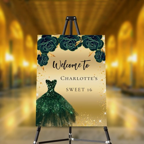 Sweet 16 green gold dress flowers welcome foam board