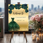Sweet 16 green gold dress flowers welcome foam board<br><div class="desc">A welcome board for a Sweet 16,  16th birthday party.  A faux gold background with faux gold glitter sparkles,  an emerald green dress and roses,  florals.    Personalize and add a name.</div>