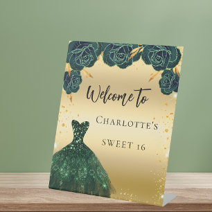 Sweet 16 green gold dress flowers welcome pedestal sign