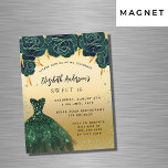 Sweet 16 green gold dress roses magnet invitation<br><div class="desc">A modern,  stylish and glamorous invitation magnet for a Sweet 16,  16th birthday party.  A faux gold background with green faux glitter dust,  an emerald green dress and green roses,  florals.  The name is written with a modern hand lettered style script.  Personalize and add your party details.</div>