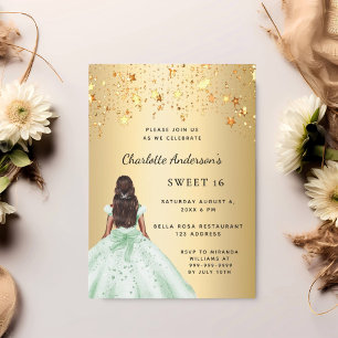 Sweet 16 green gold dress stars invitation