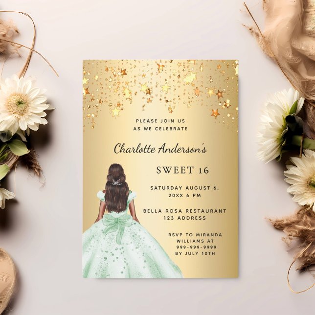 Sweet 16 green gold dress stars invitation (Creator Uploaded)