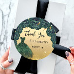 Sweet 16 green gold dress Thank You Classic Round Sticker<br><div class="desc">For an elegant Sweet 16,  16th birthday.  A faux gold looking background. Decorated with faux gold glitter,   green roses and a green dress. Personalize and add a name.  Thank You is written with a modern hand lettered style script.</div>