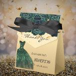 Sweet 16 green gold florals dress thank you favor boxes<br><div class="desc">This elegant,  classic,  and girly favor box is a perfect gift to give at a Sweet 16 party. A golden background,  emerald green roses and a dress. With the text: Sweet 16 and Thank You. Personalize and add your name and date for an extra personal touch!</div>