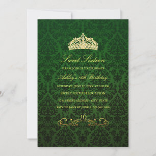 Sweet 16 Green Tiara & Damask Invitation