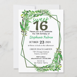 Sweet 16 Greenery Geometric Modern 16th Birthday Invitation