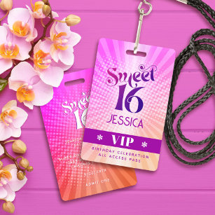 Sweet 16 Groovy Pink Orange Gradient Boho VIP Pass Badge