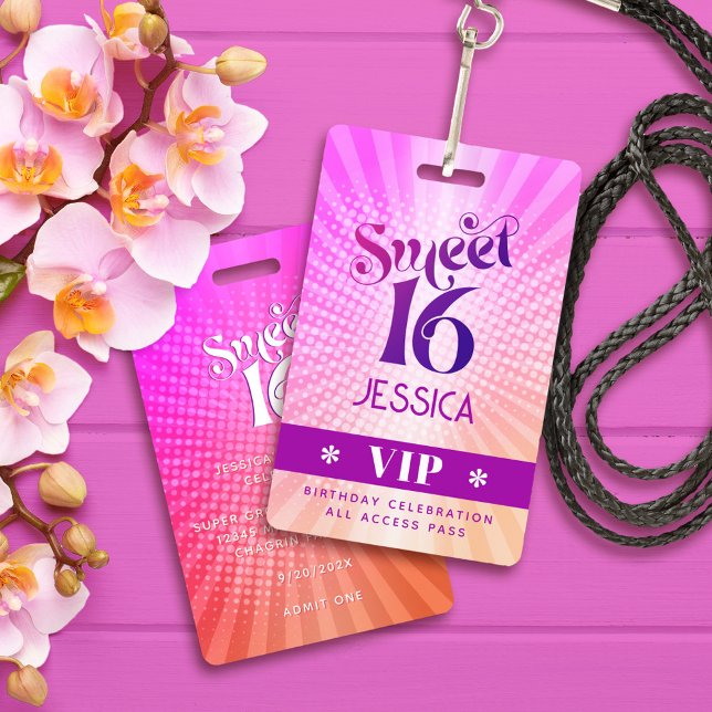 Sweet 16 Groovy Pink Orange Gradient Boho VIP Pass Badge (Creator Uploaded)
