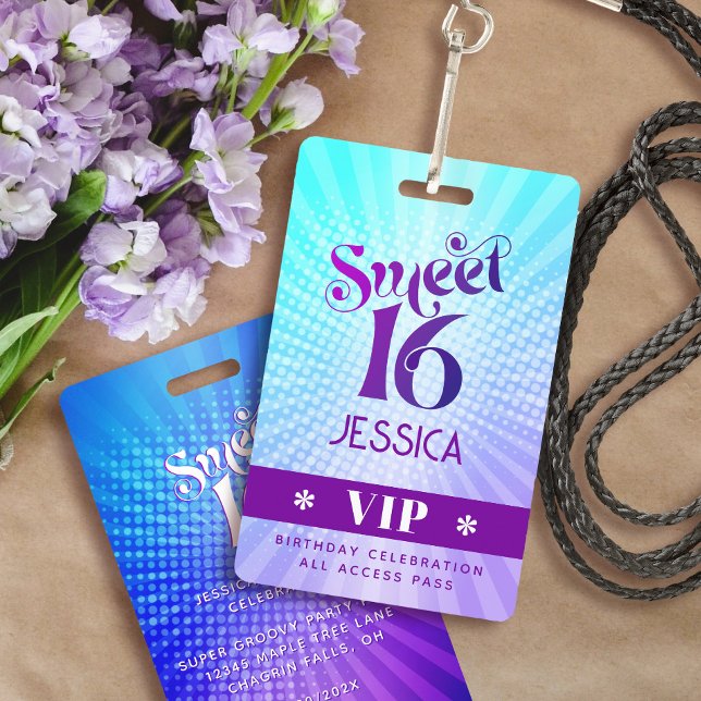 Sweet 16 Groovy Purple Blue Gradient Boho VIP Pass Badge (Creator Uploaded)