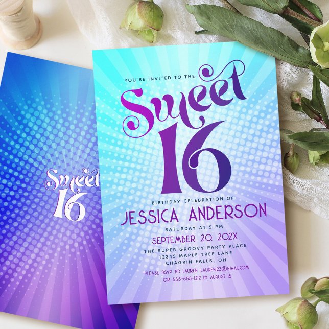 Sweet 16 Groovy Purple Blue Gradient Retro Boho Invitation (Creator Uploaded)