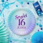 Sweet 16 Groovy Purple Blue Gradient Retro Boho Paper Plates<br><div class="desc">“Happy Sweet 16”. Celebrate her birthday with this groovy boho retro, personalized paper plate. Fun, trendy, bold purple and navy blue typography with modern sans serif typography overlay a background of pop light turquoise and purple ombre gradient rays with white dots. Personalize the custom text with your daughter’s name. Your...</div>