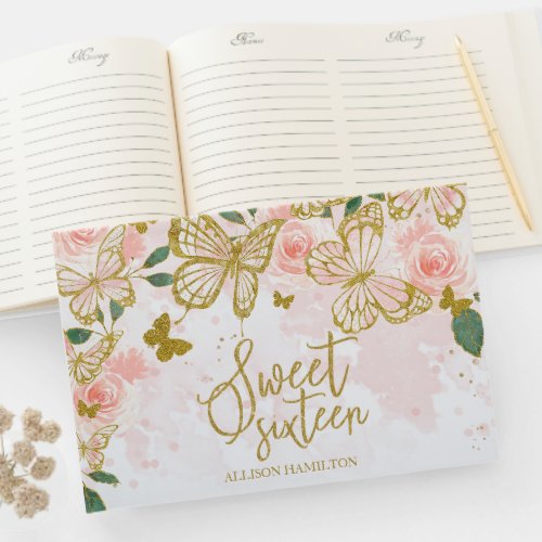Sweet 16 Guest Book Gold Blush Butterfly Floral