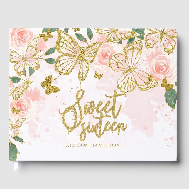 Sweet 16 Guest Book Gold Blush Butterfly Floral (Front)
