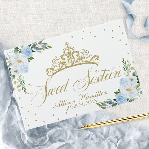 Sweet 16 Guest Book Gold Tiara Baby Blue Floral