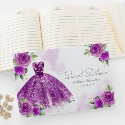 Sweet 16 Guest Book Silver Purple Gown Floral