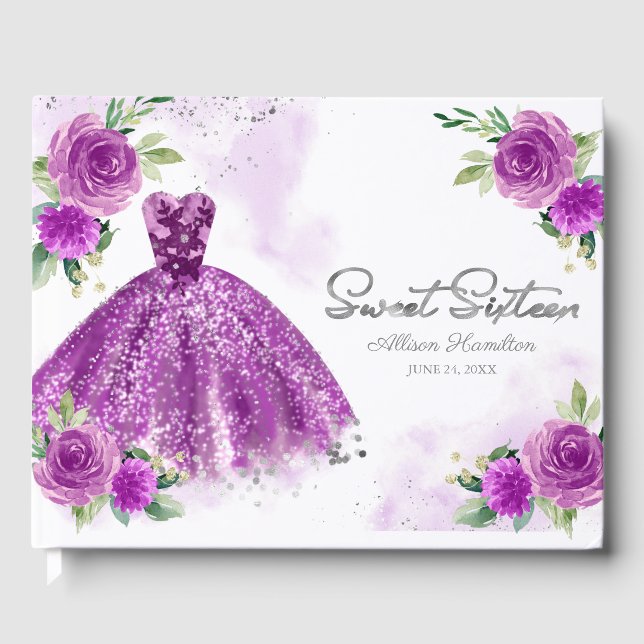 Sweet 16 Guest Book Silver Purple Gown Floral (Front)