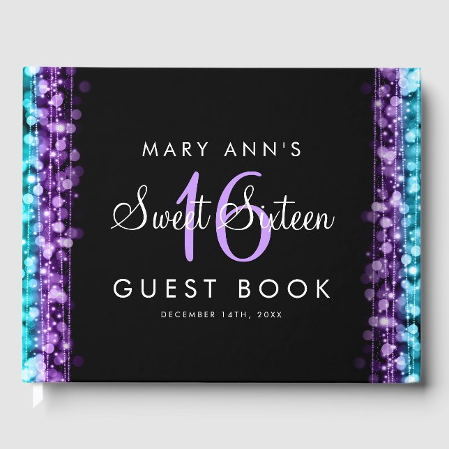 Sweet 16 Guestbook Party Purple & Turquoise Lights (Front)