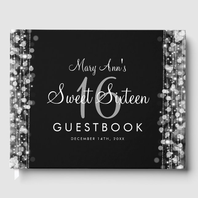 Sweet 16 Guestbook Party Sparkles Silver (Front)