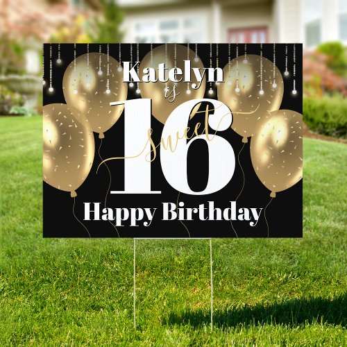 Sweet 16 Happy Birthday Black Gold Balloon Yard Sign