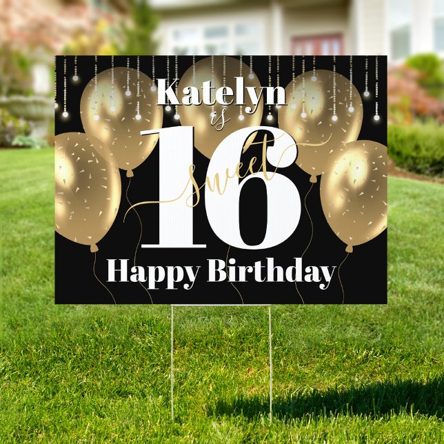 Sweet 16 Happy Birthday Black Gold Balloon Yard Sign (Creator Uploaded)