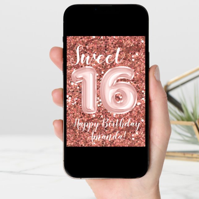 Sweet 16 Happy Birthday Custom Rose Gold Card (Front Digital)