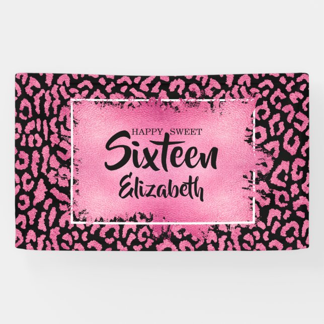 Sweet 16 Happy Birthday Leopard Custom Banner (Horizontal)