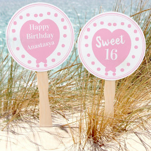Sweet 16 Happy Birthday Pink Heart Custom Name Hand Fan