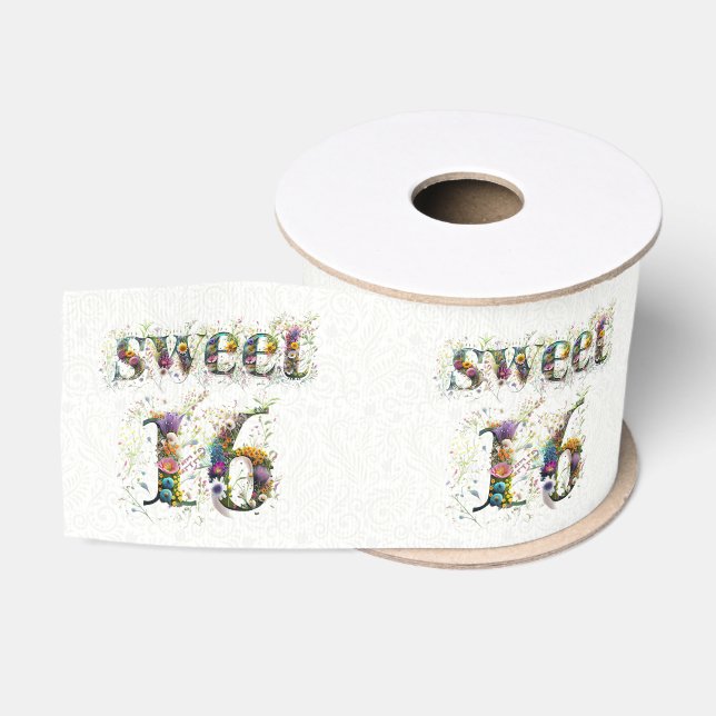 Sweet 16 Happy Birthday Wildflowers Text Grosgrain Ribbon (Spool)