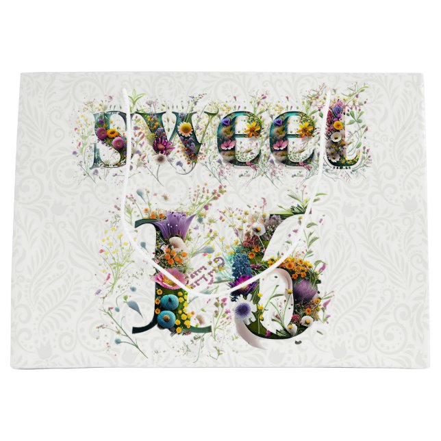 Sweet 16 Happy Birthday Wildflowers Text Large Gift Bag (Front)