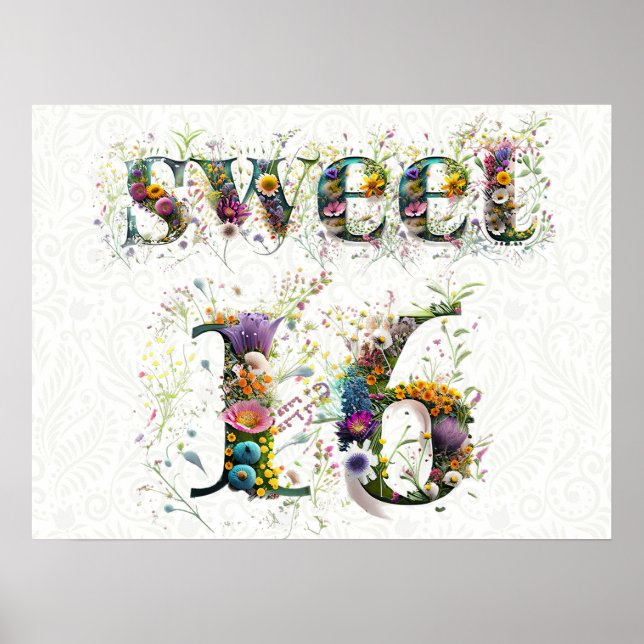 Sweet 16 Happy Birthday Wildflowers Text Poster (Front)