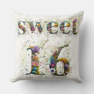 Sweet 16 Happy Birthday Wildflowers Text Throw Pillow