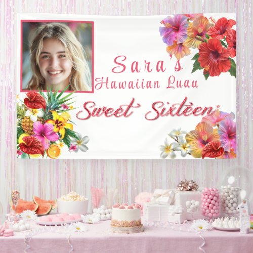 Sweet 16 Hawaiian Luau Hibiscus Plumeria Banner