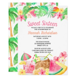 Sweet 16 Hawaiian Theme Watercolor Luau Party Invitation