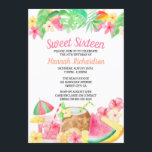 Sweet 16 Hawaiian Theme Watercolor Luau Party Invitation<br><div class="desc">Sweet 16 Luau Party Invitations - perfect for your Hawaiian theme party. This pretty watercolor design features coconut shell drinks, with melon, pineapple and colorful ice lollies. The design is decorated with tropical leaves (monstera, palm and banana leaf) and pink hibiscus and yellow tropical flowers. Sweet Sixteen and your name...</div>