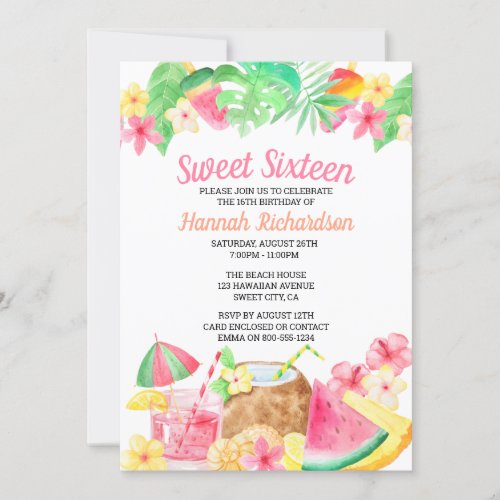 Sweet 16 Hawaiian Theme Watercolor Luau Party Invitation