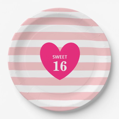 Sweet 16 Heart on Pink  White Striped  Paper Plat Paper Plates