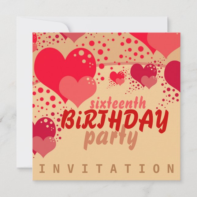 Sweet 16 Hearts Birthday Invitation (Front)