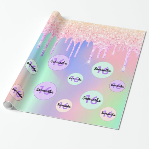 Sweet 16 holographic pink purple glitter drips wrapping paper