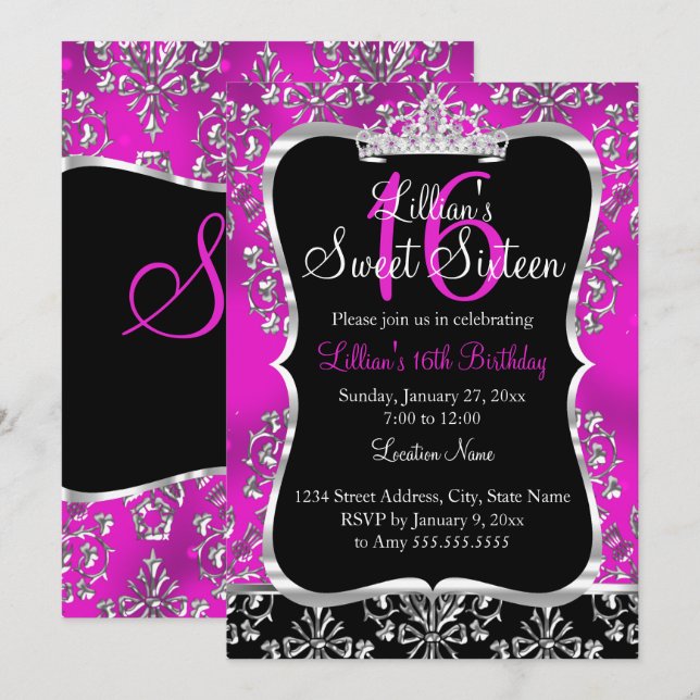 Sweet 16 Hot Pink Black Damask Tiara Invitation (Front/Back)