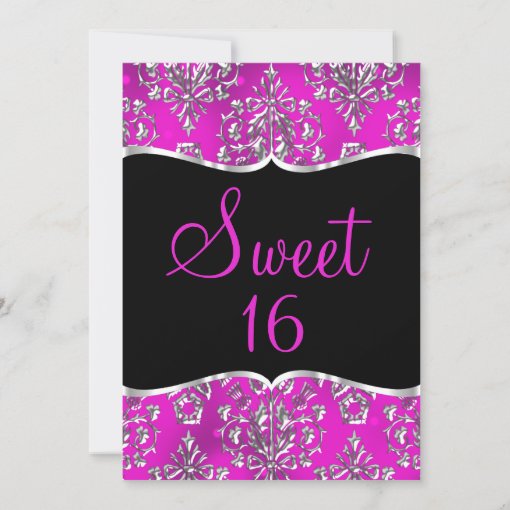 Sweet 16 Hot Pink Black Damask Tiara Invitation Zazzle