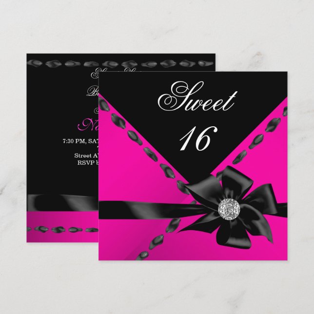 Sweet 16 Hot Pink Bow Black Birthday Party Invitation (Front/Back)