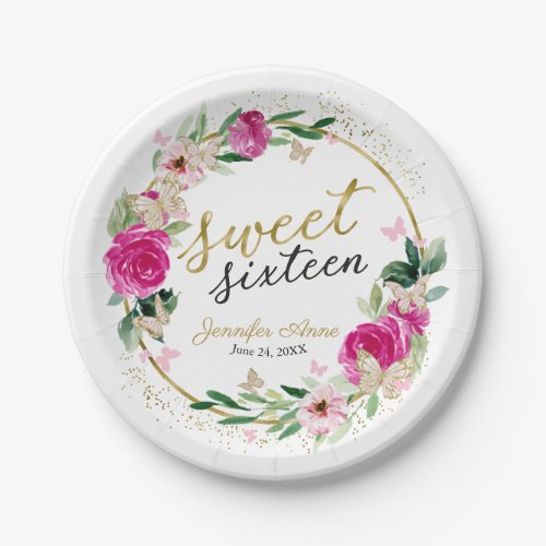 Sweet 16 Hot Pink Floral Butterfly Paper Plates