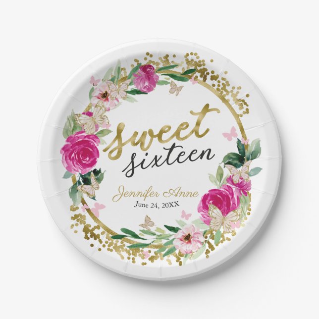Sweet 16 Hot Pink Floral Butterfly Paper Plates (Front)