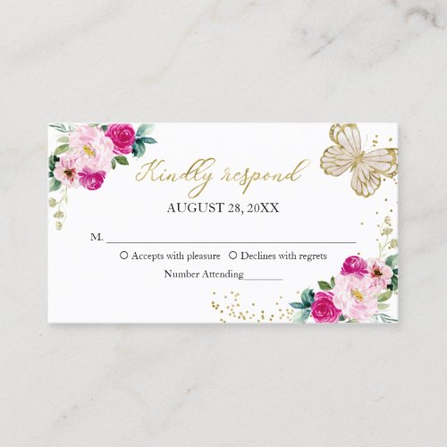 Sweet 16 Hot Pink Floral Butterfly RSVP Enclosure Business Card