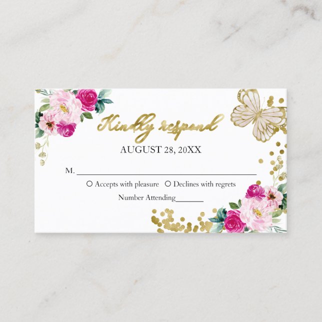 Sweet 16 Hot Pink Floral Butterfly RSVP Enclosure Business Card (Front)