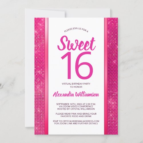 Sweet 16 Hot Pink Glam Virtual 16th Birthday Party Invitation